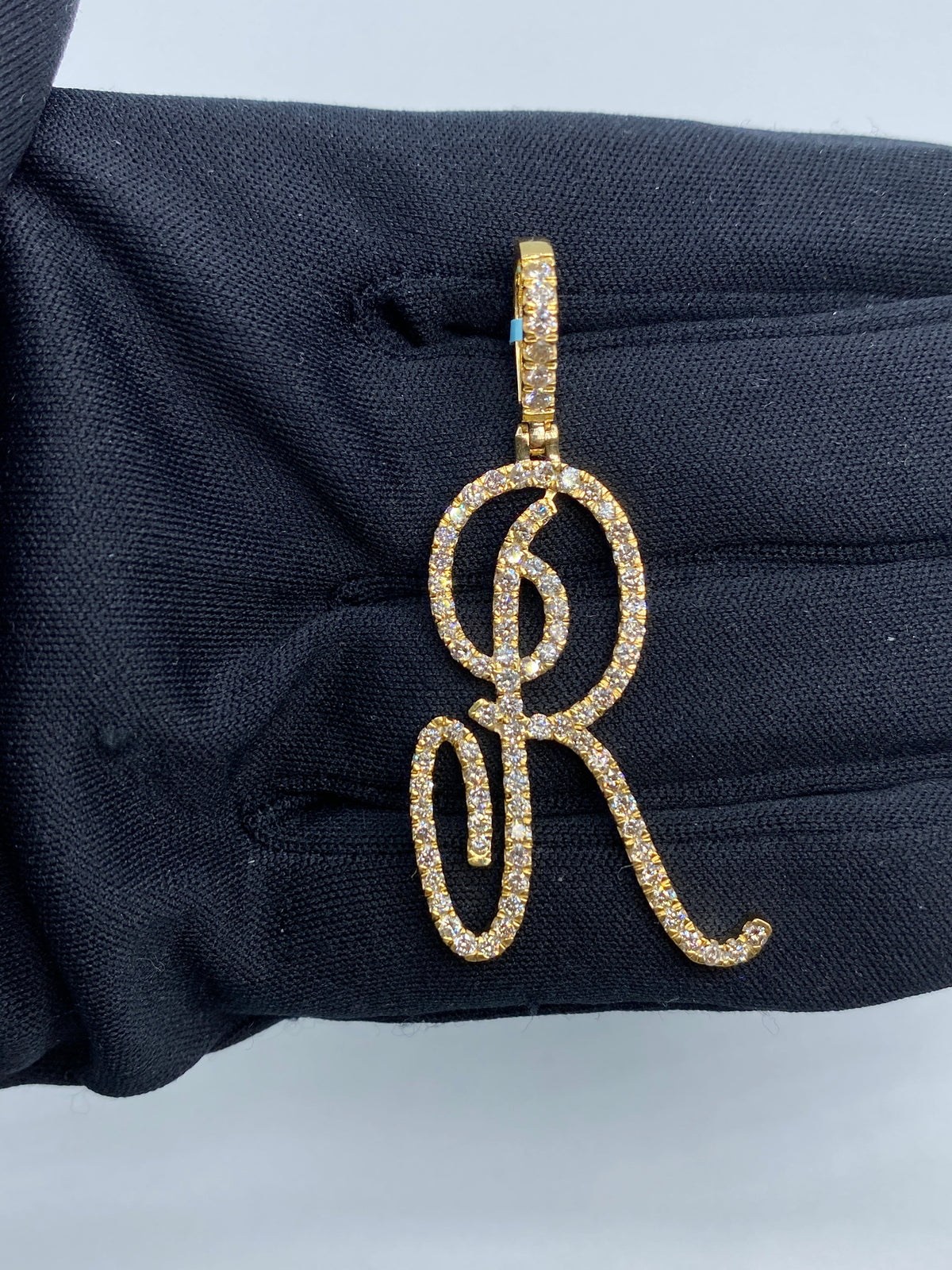14K Gold Initial R Large Script Diamond Pendant in yellow gold - close-up product photo