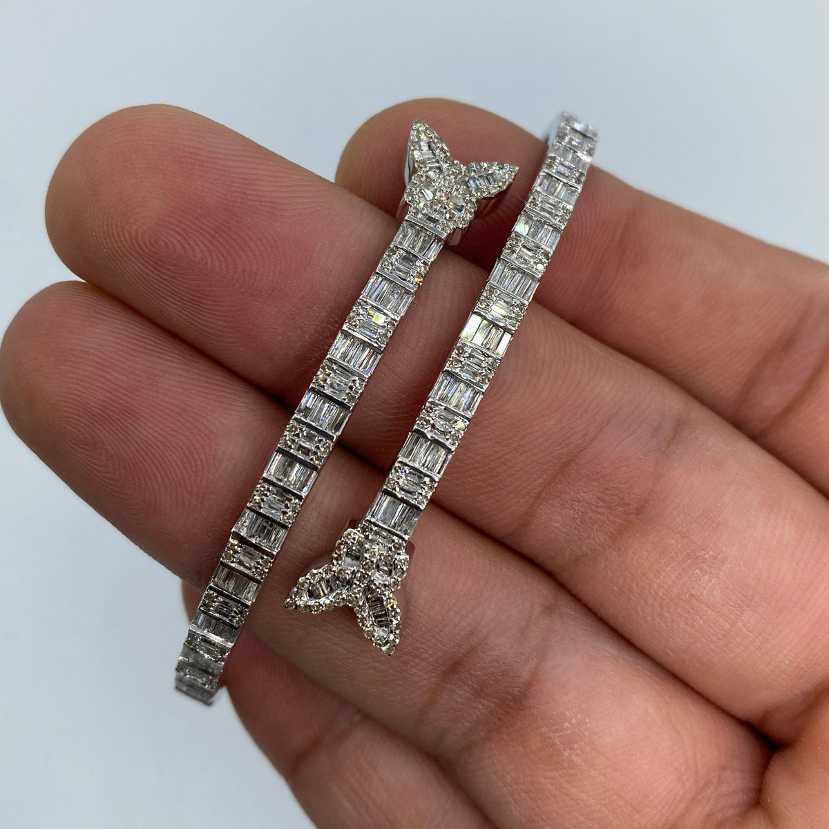 10K Gold Bangle Butterfly Diamond Baguette Bracelet in white gold - close-up product photo