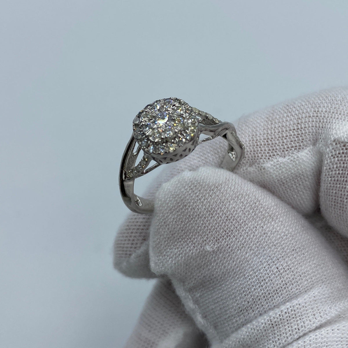 14K Gold Spiral Diamond Engagement Ring in white gold - close-up product photo