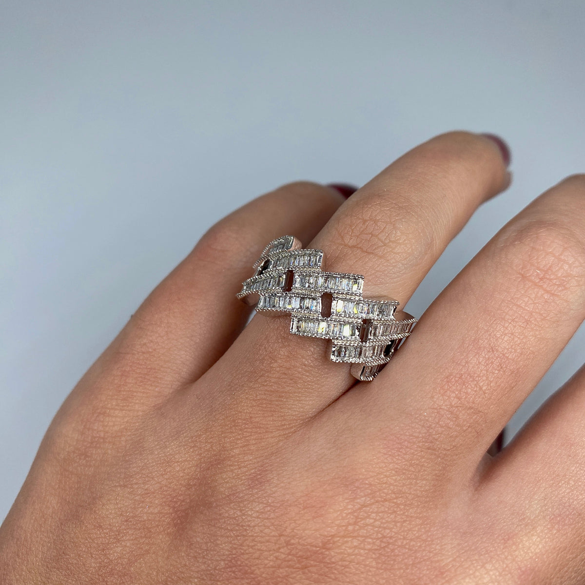 14K Gold Cuban Link Diamond Baguette Ring in white gold - close-up product photo