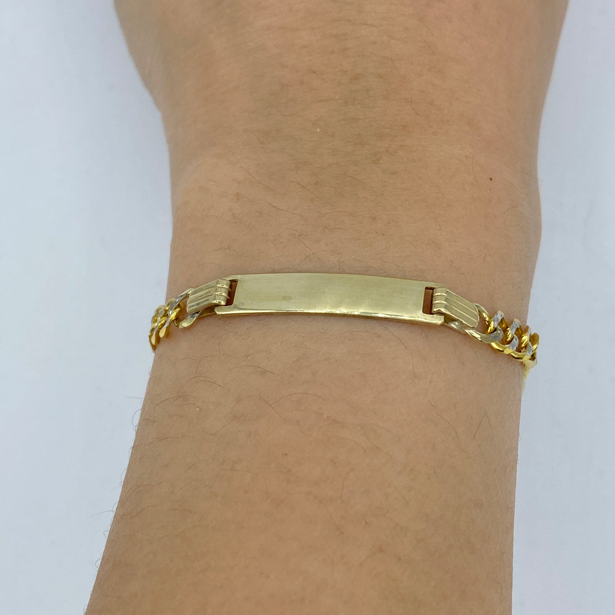 10K Gold Custom Name Plate Two-Tone Figaro Link Baby Diamond Bracelet, 4mm - close-up product photo