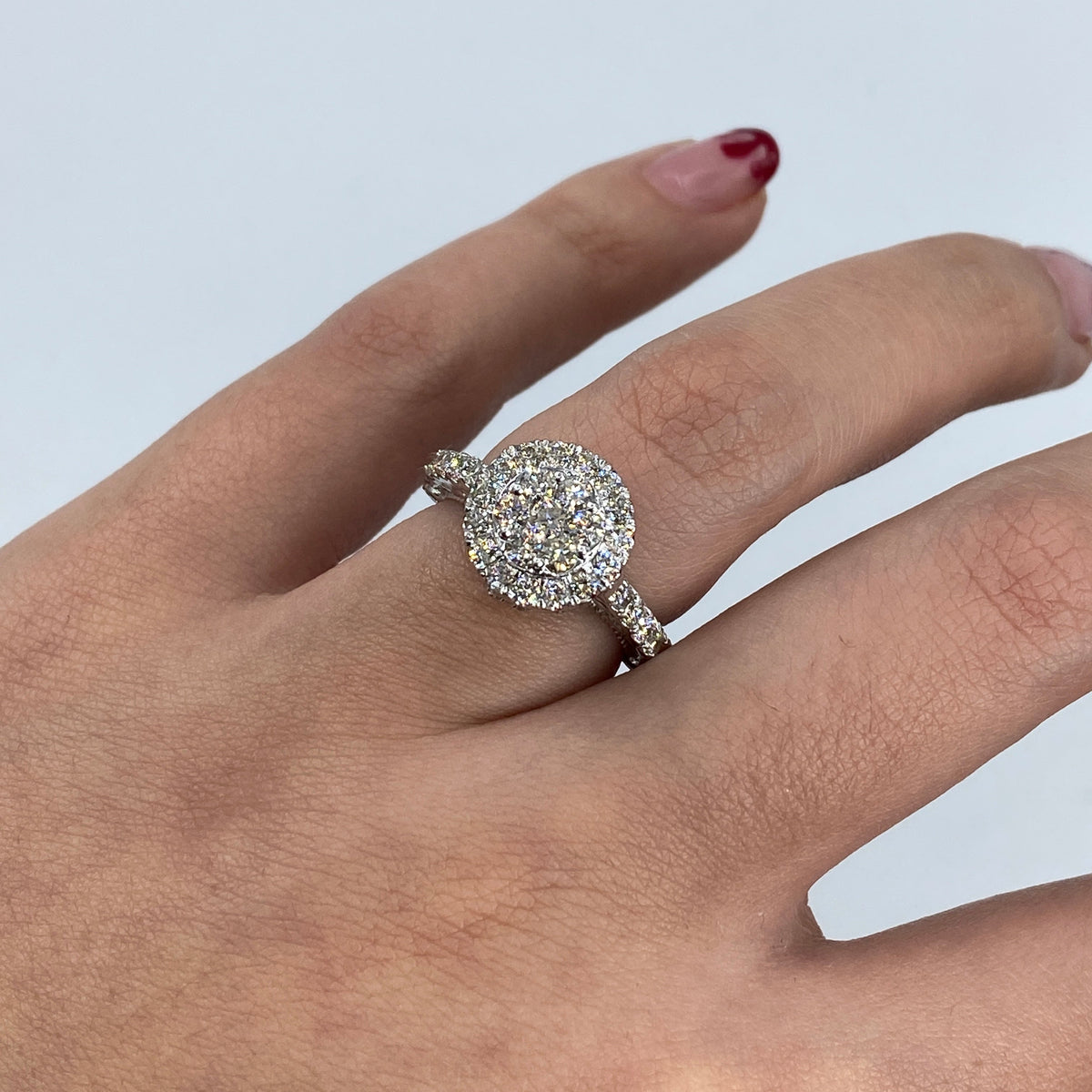 14K Gold Amore Halo Circle Diamond Engagement Rings in white gold - close-up product photo