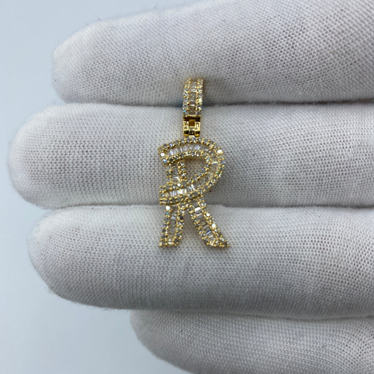 14K Gold Initial R Diamond Baguette Pendant in yellow gold, Small - close-up product photo