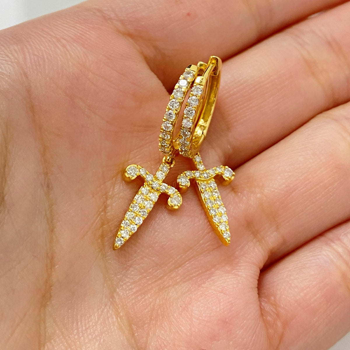 14K Gold Pave Dagger Diamond Hoop Earrings in yellow gold - close-up product photo