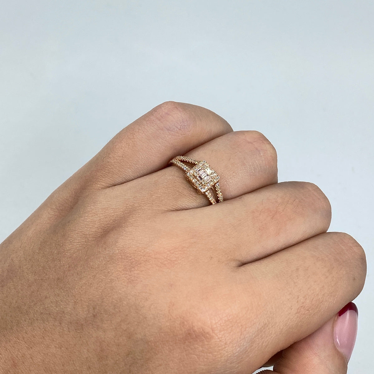 14K Gold Baguette Diamond Square Engagement Ring in rose gold - close-up product photo