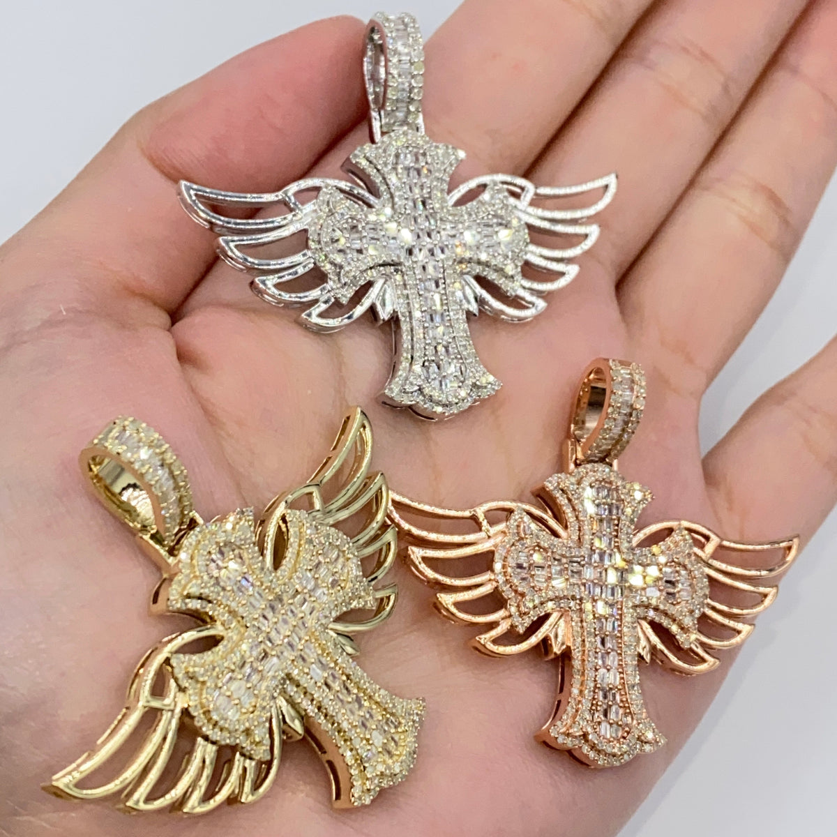 10K Gold Angel Wings Cross Diamond Baguette Pendant - additional product view 6