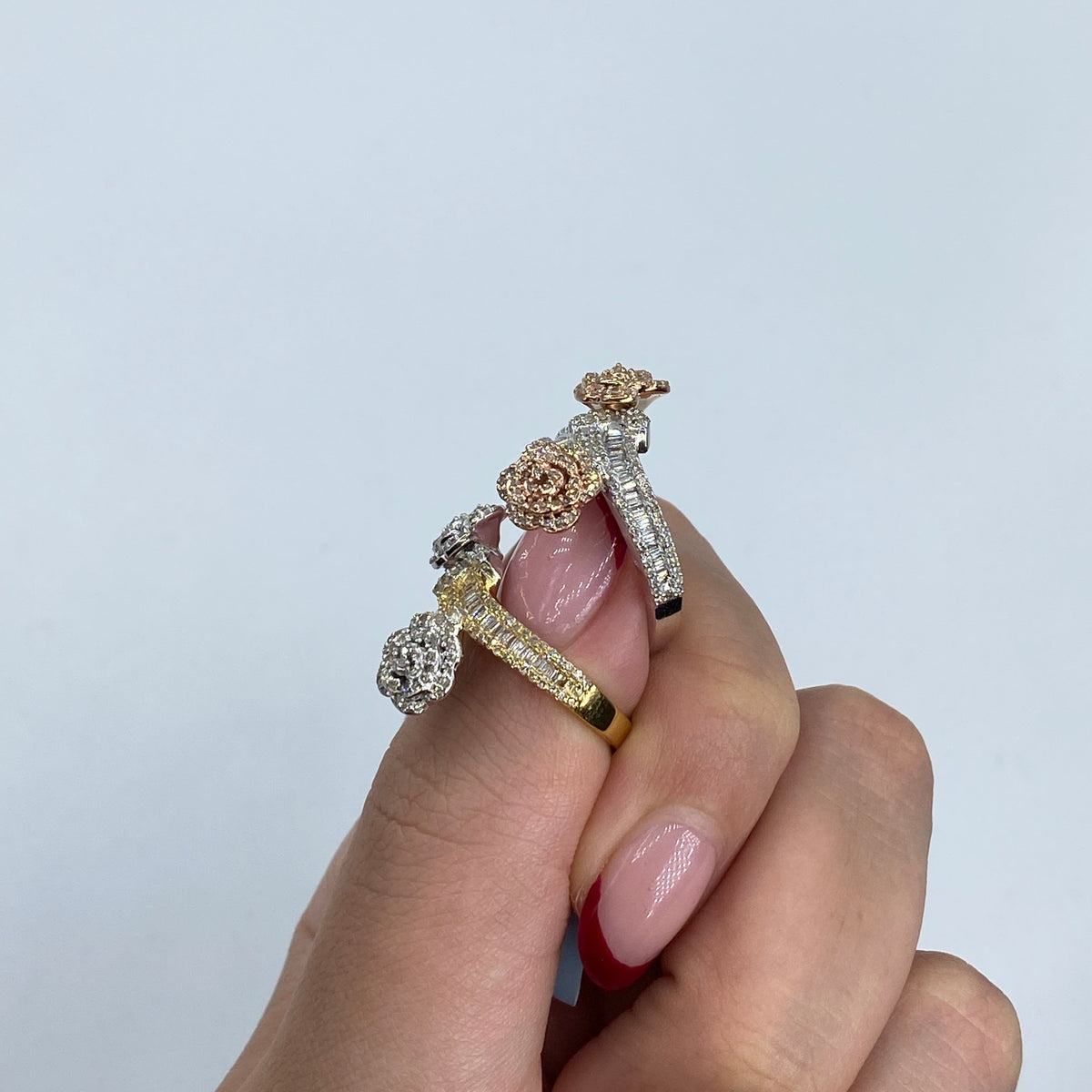 14K Gold Two-Tone Flower Diamond Baguette Bangle Ring - additional product view 6