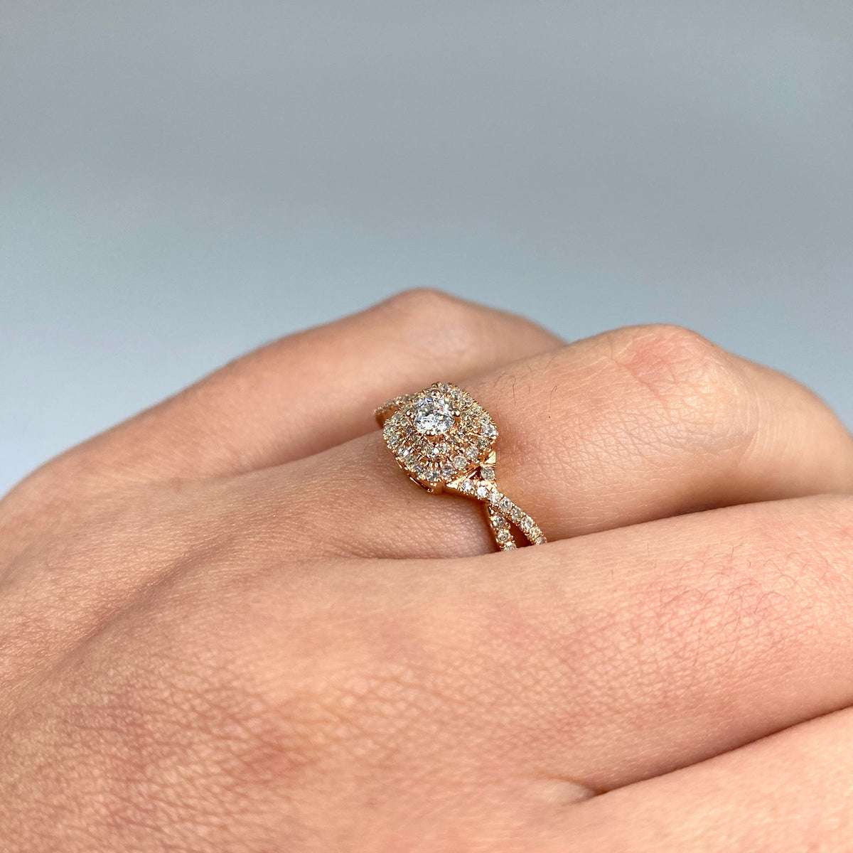 14K Gold Square Large Center Stone Spiral Diamond Engagement Ring in rose gold - close-up product photo