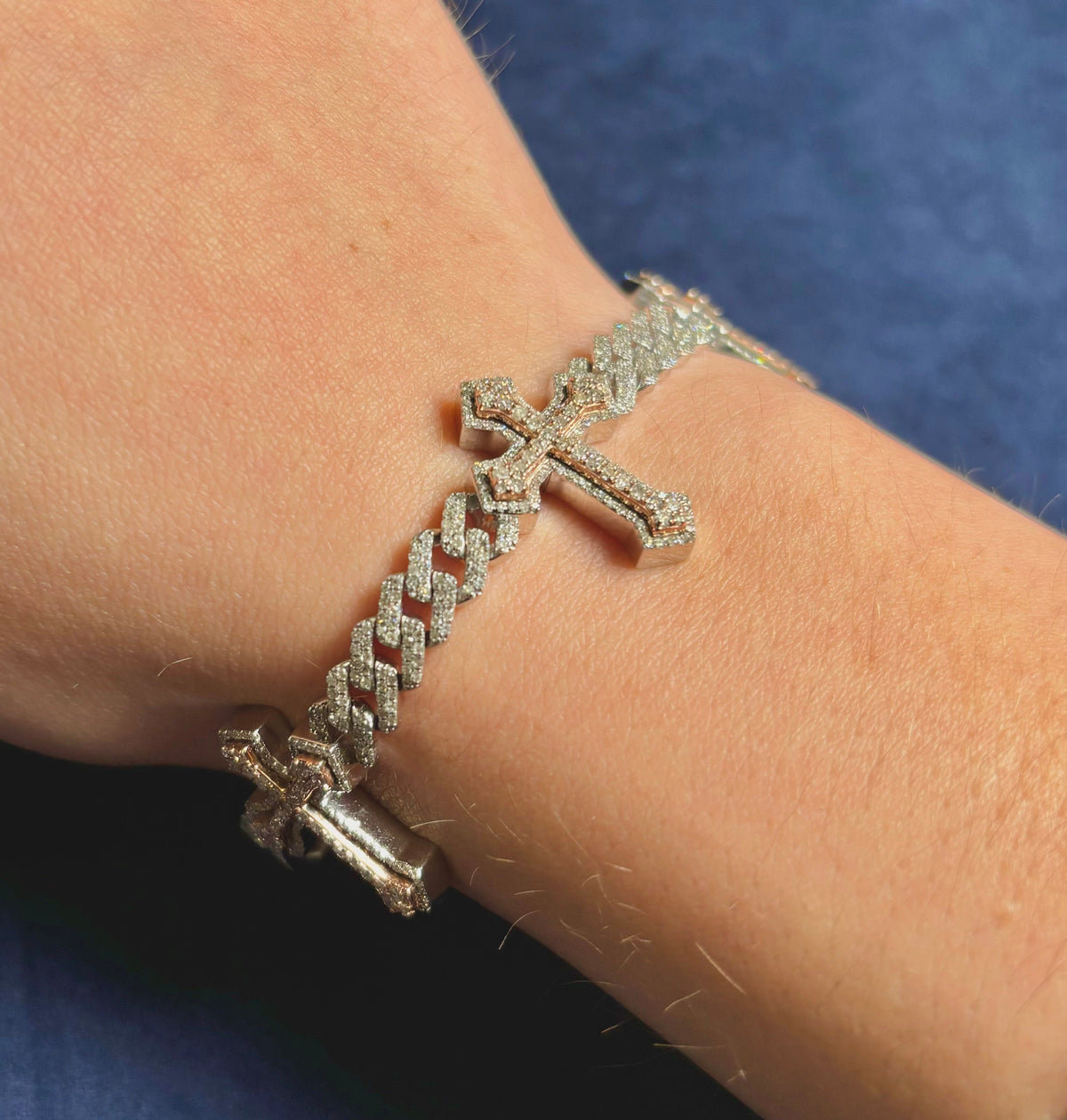 10K Gold Cuban Link Cross Diamond Bracelet in white rose - close-up product photo
