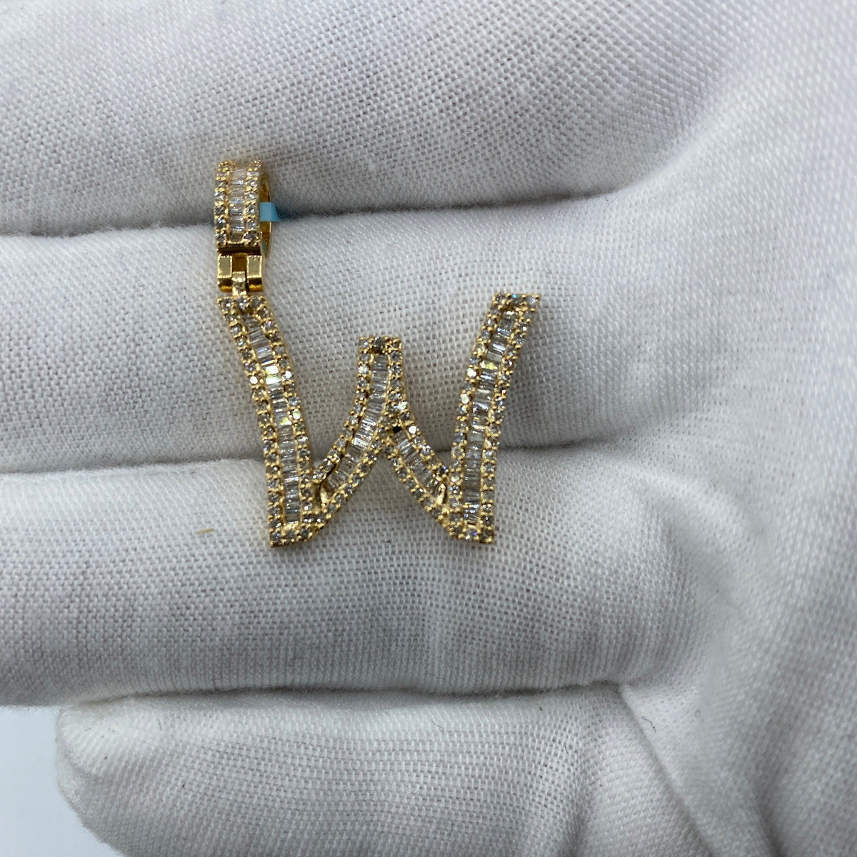 14K Gold Initial W Diamond Baguette Pendant in yellow gold, Small - close-up product photo