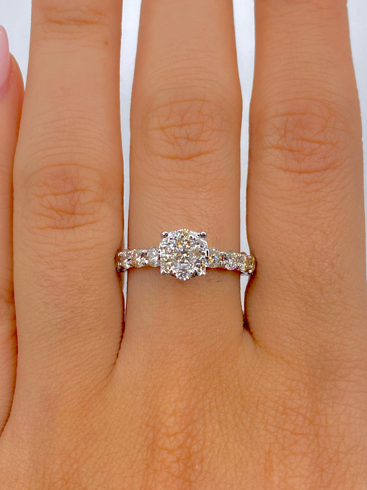 14K Gold Circle One Row Engagement Diamond Ring in white gold - close-up product photo