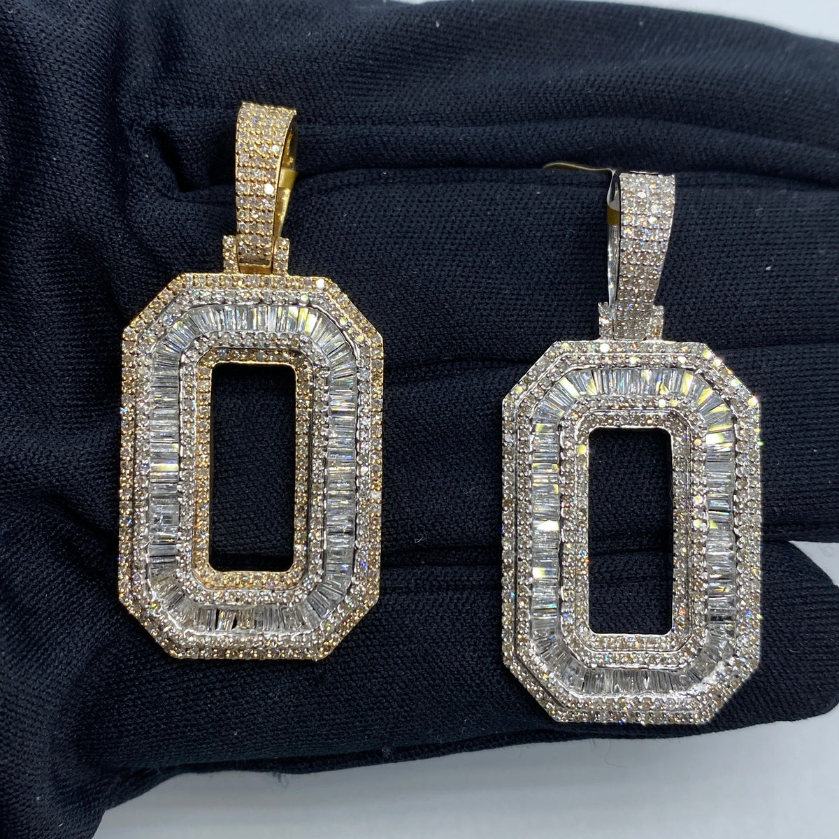 10K Gold Varsity Initial Letter Diamond Baguette Pendants Full Collection in yellow gold - close-up product photo
