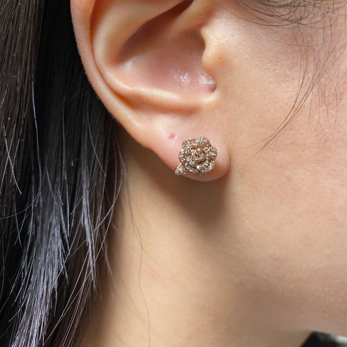 14K Gold Large Rose Flower Diamond Earrings - additional product view 6