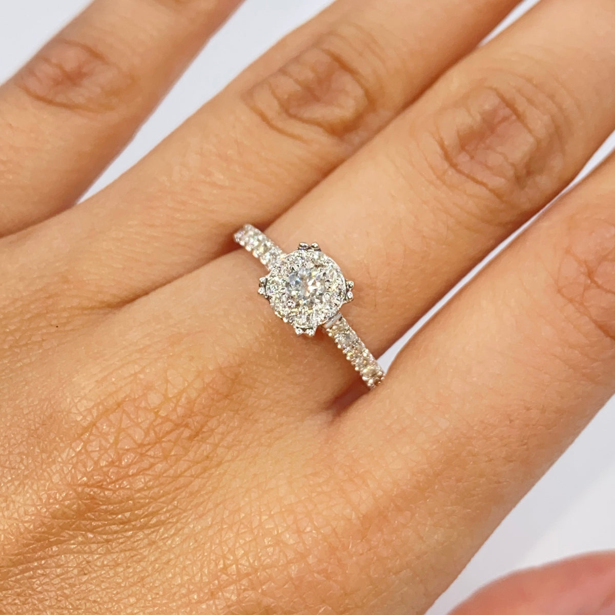 14K Gold Rosebud Halo Diamond Engagement Ring in white gold, Large - close-up product photo