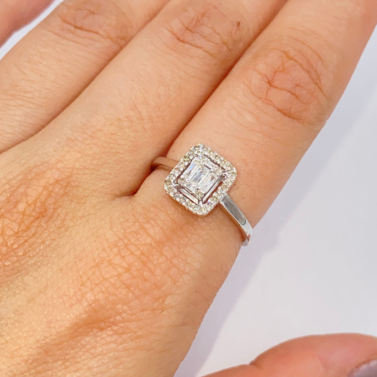 14K Gold Palace Square Halo Diamond Baguette Engagement Ring in white gold, Medium - close-up product photo