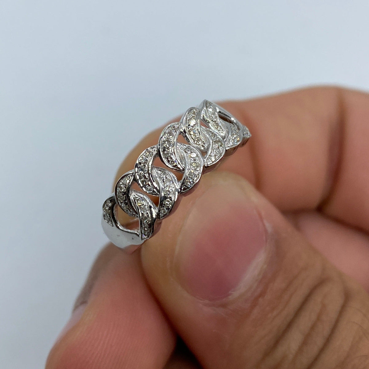 10K Gold Cuban Link Diamond Ring (7mm) in white gold - close-up product photo