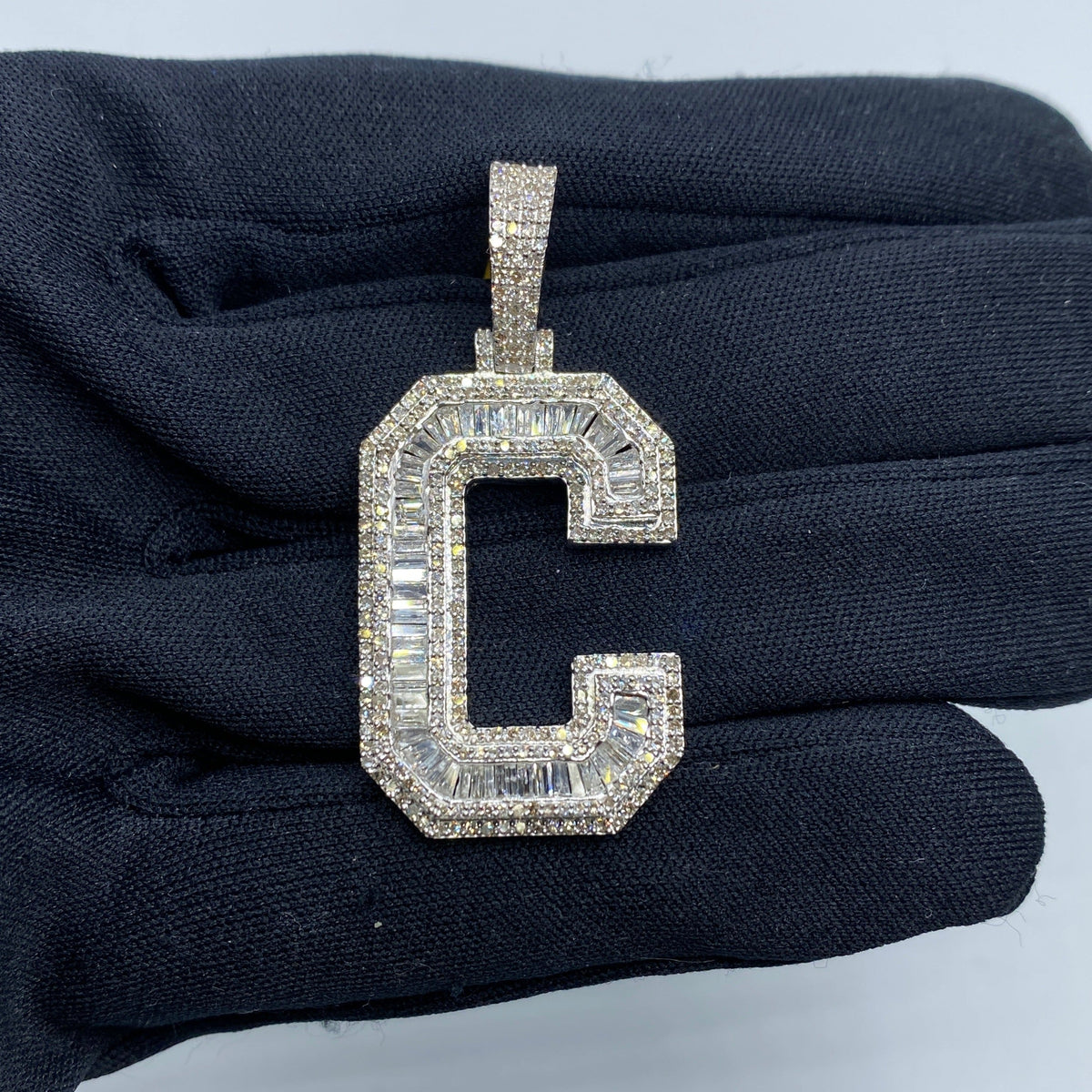 10K Gold Varsity Initial Letter Diamond Baguette Pendants Full Collection in white gold - close-up product photo