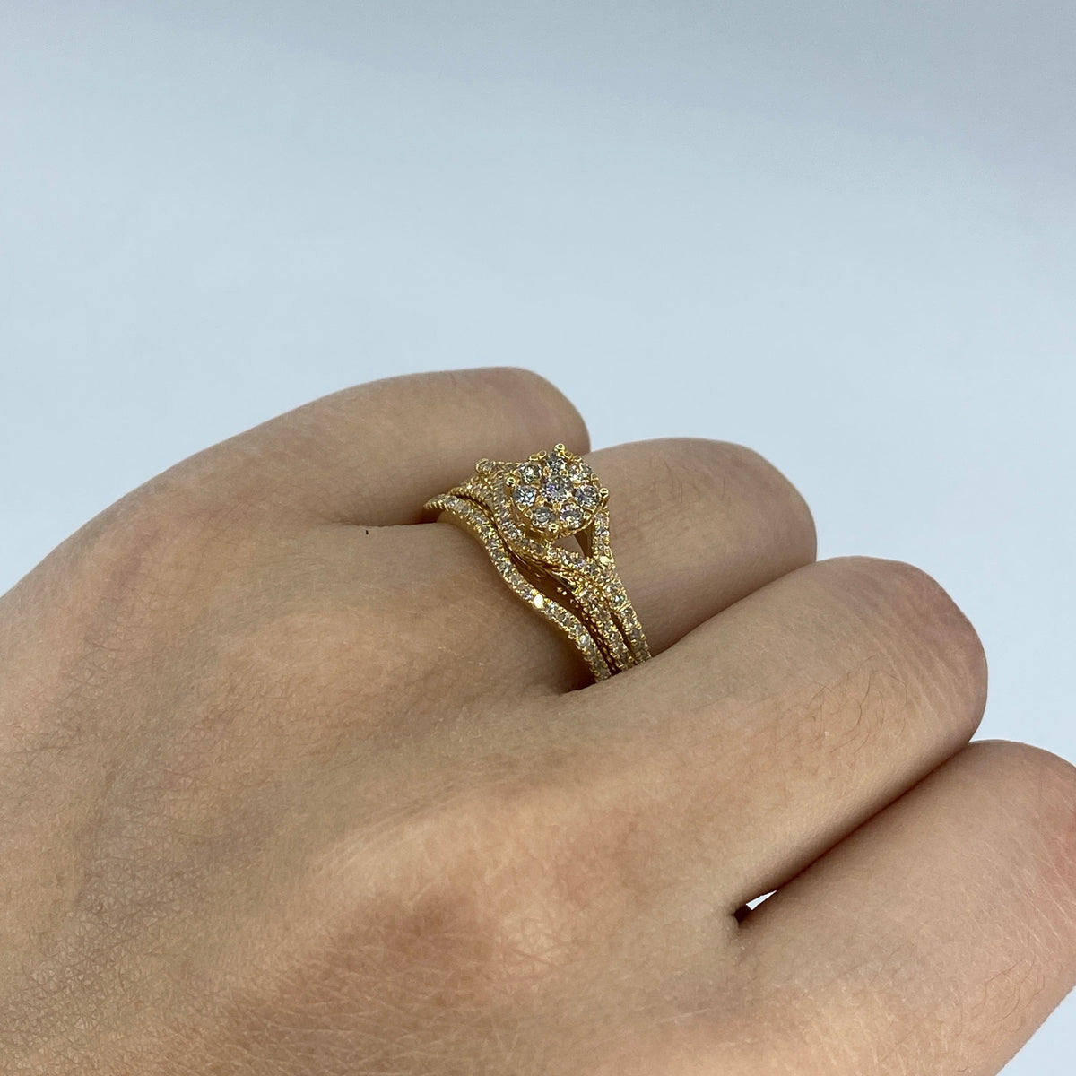 14K Gold Circle Engagement Diamond Ring with Thin Stack Band in yellow gold - close-up product photo