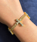 10K Gold Cuban Link Cross Diamond Bracelet in yellow white - close-up product photo