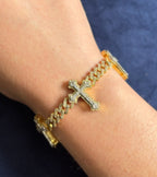 10K Gold Cuban Link Cross Diamond Bracelet in yellow white - close-up product photo