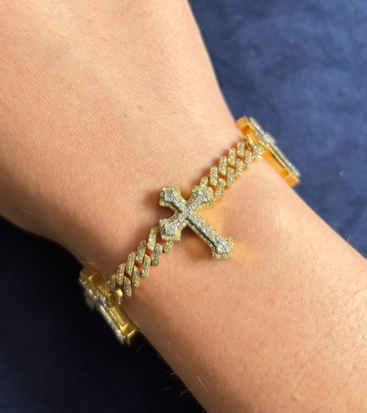 10K Gold Cuban Link Cross Diamond Bracelet in yellow white - close-up product photo