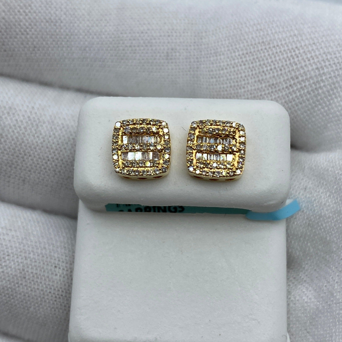 14K Gold Square Double-Row Diamond Baguette Earrings in yellow gold - close-up product photo