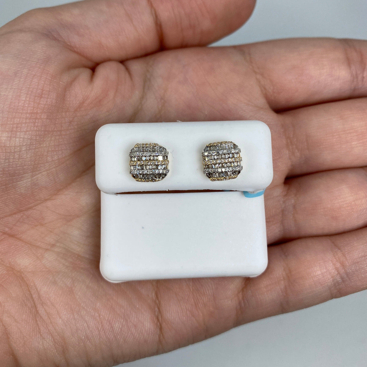 14K Gold Square Stacked Diamond Baguette Earrings in yellow gold - close-up product photo