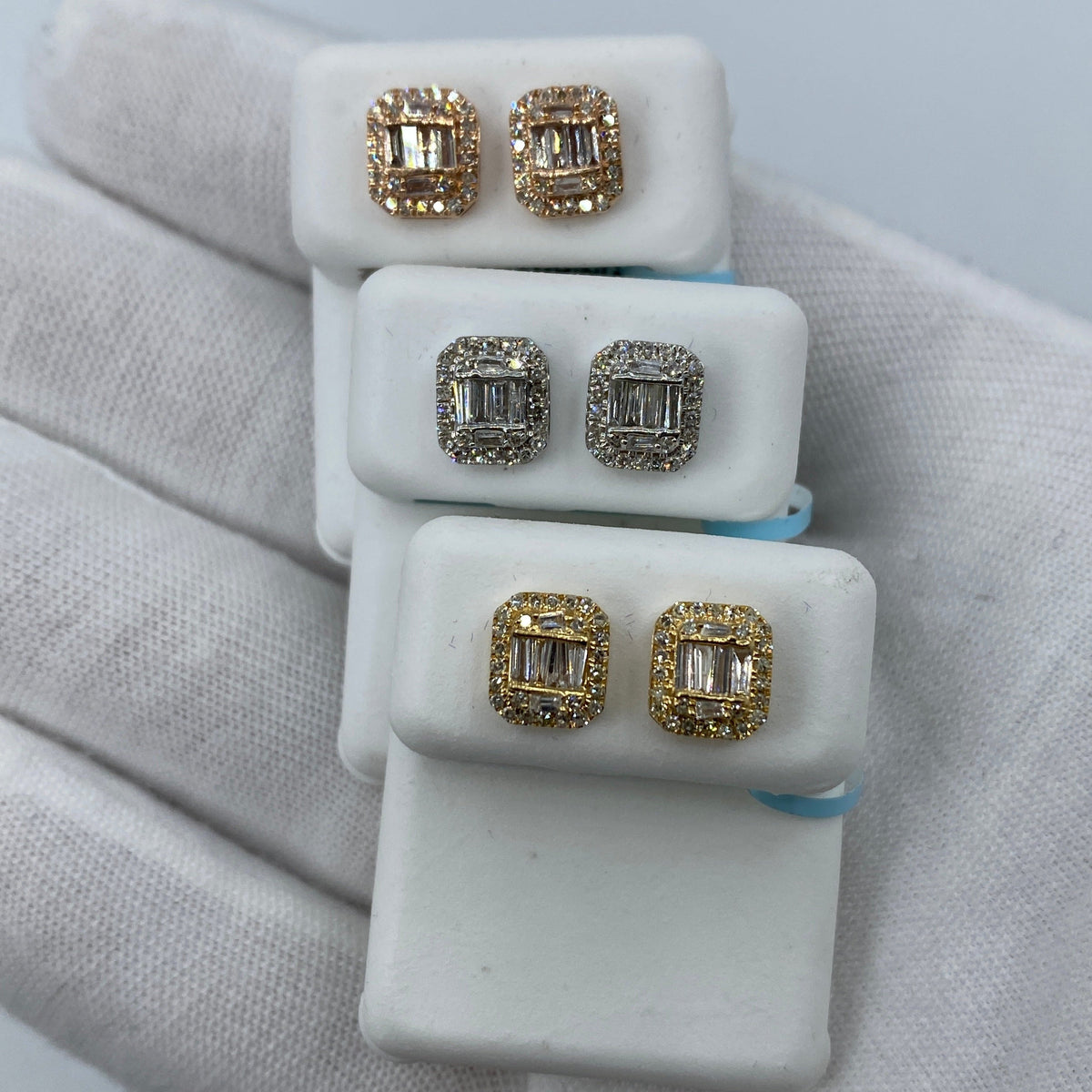 14K Gold Large Rectangle Halo Diamond Baguette Earrings - additional product view 3