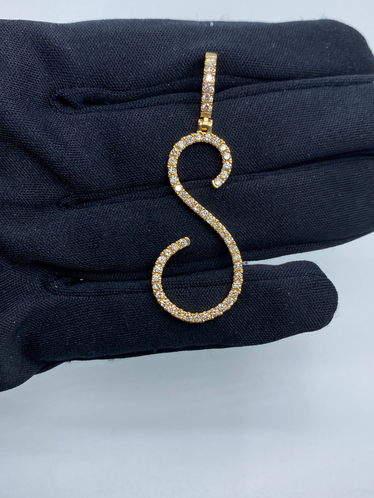 14K Gold Initial S Large Script Diamond Pendant in yellow gold - close-up product photo