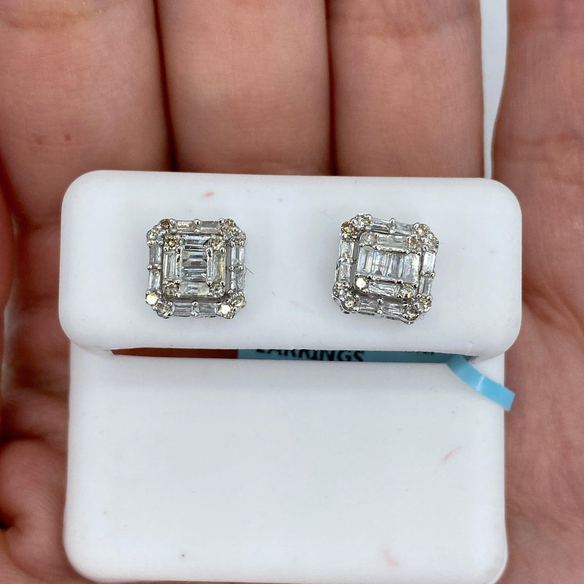 14K Gold Square Box Diamond Baguette Earrings in white gold, Medium - close-up product photo