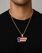 Male model wearing 10K Pride of Puerto Rico Flag Pendant