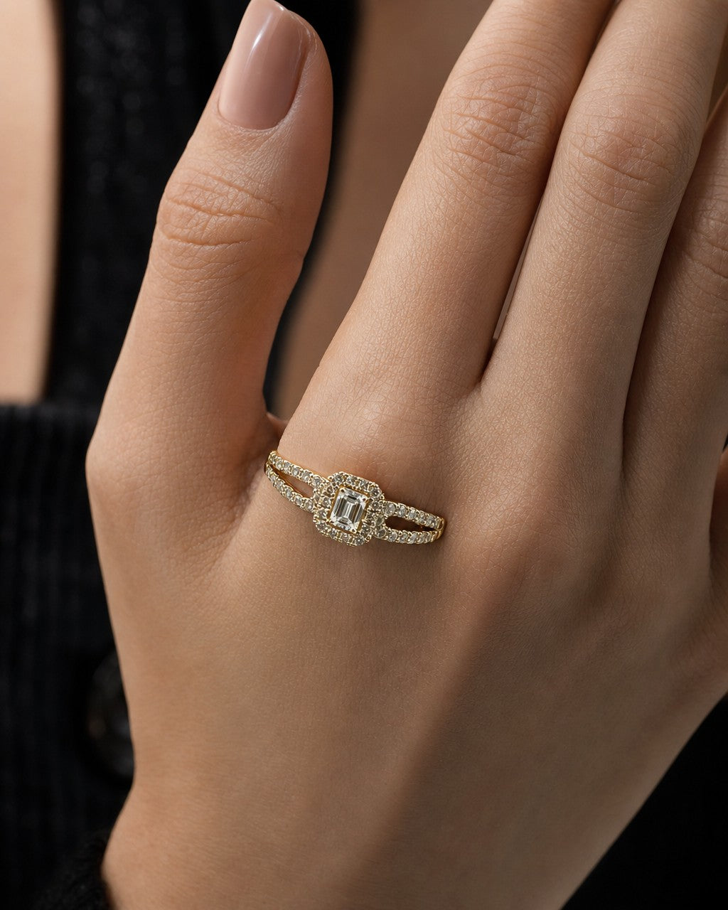 Female model wearing 14k Lovely Emerald Cut Lab Diamond Center Engagement Ring