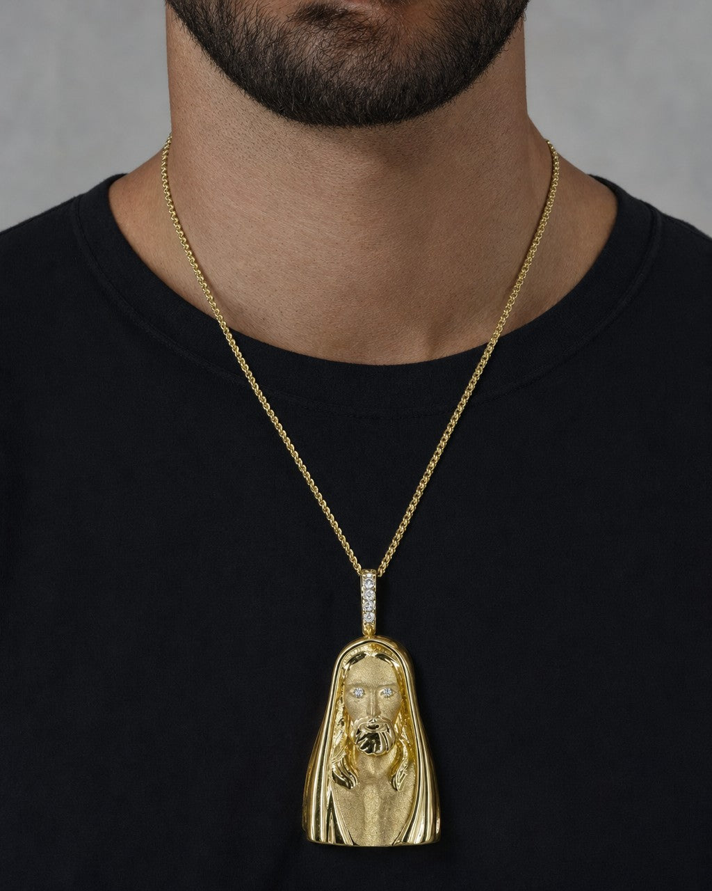 Male model wearing 14K Gold and Diamonds Jesus Head Pendant