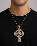 Male model wearing 14K Gold Cross Pendant with Jesus