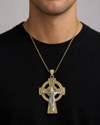 Male model wearing 14K Gold Cross Pendant with Jesus