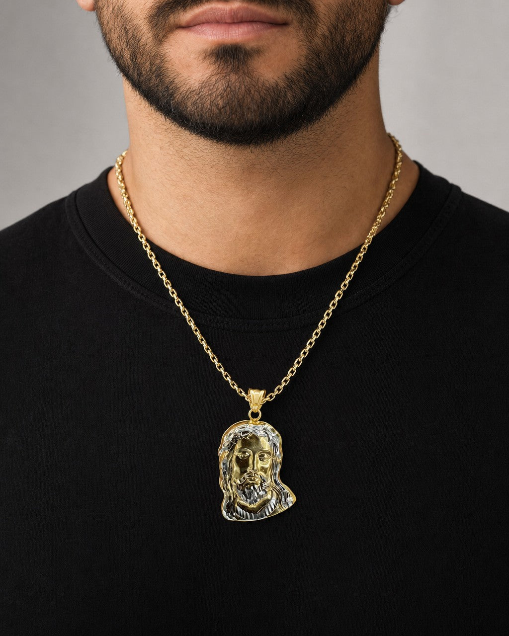 Male model wearing 14K Gold Jesus Pendant