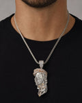 Male model wearing 14K White Gold and Sapphire Stone Jesus Pendant