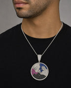 Male model wearing 14K White Gold and Safire Stone Pendant
