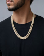 Male model wearing 10k Gold and Diamond 12.4MM Cuban Link Chain