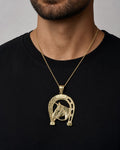 Male model wearing 10K Gold Horseshoe Pendant