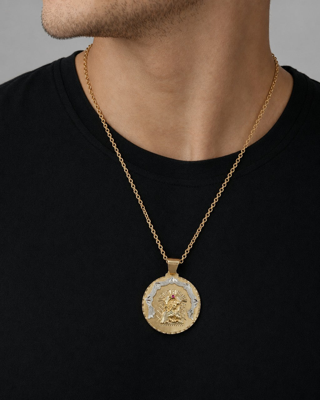 Male model wearing 14k Gold Caridad Del Cobre Pendant