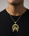 Male model wearing 10K Gold Horseshoe Pendant