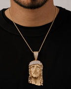 Male model wearing 14k Gold XL Jesus Head Pendants