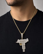 Male model wearing 18k Gold and VS Diamond Jumbo Uzi Pendant
