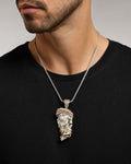 Male model wearing 14k Custom Jesus and Cross Pendant