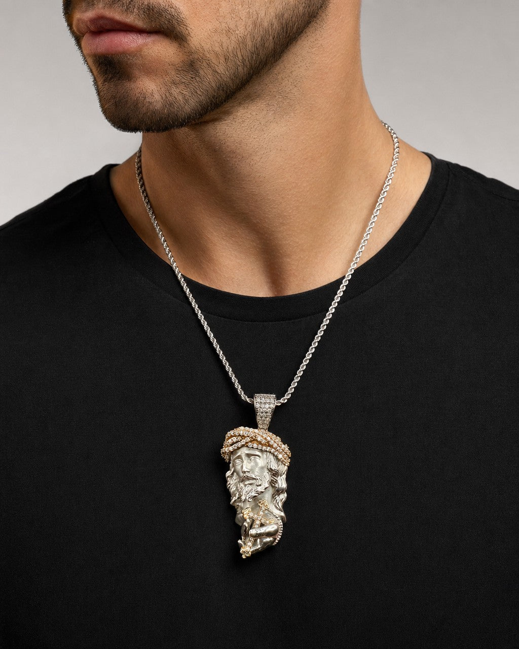Male model wearing 14k Custom Jesus and Cross Pendant