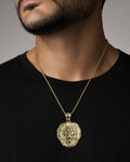 Male model wearing 10K Gold Lion Head Pendant