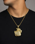 Male model wearing 10K Gold Money Bag Pendant