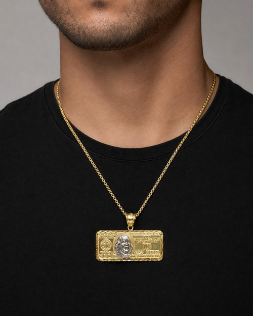 Male model wearing 10K Gold $100 Pendant