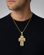 Male model wearing 14k Robust Diamond Cross Pendant